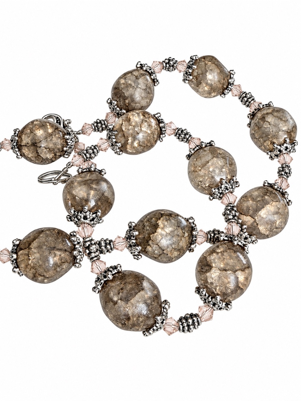 Handmade Statement Smoky Taupe Crackle & Dainty Pink Beaded Necklace - Picture 3 of 5